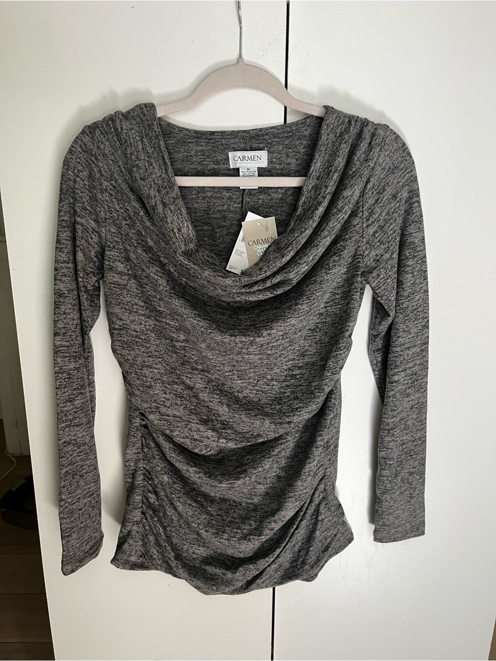 Flattering NWT Gray Draped Cowl Neck Women's Ruched Knit Longsleeve Top Medium